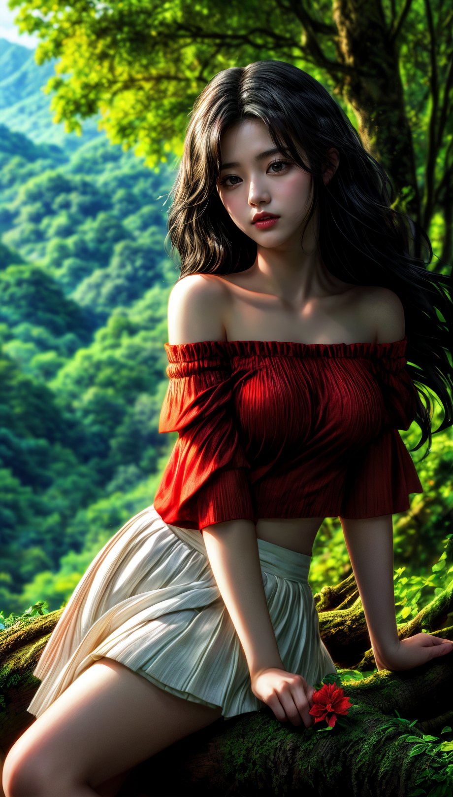 The image features a digitally rendered anime-style artwork, showcasing vibrant colors and detailed character design. The composition centers on a young woman with flowing dark hair, dressed in a red off-shoulder top and a white skirt. She is seated on a fallen tree, holding a red flower. The background depicts a lush, green forest, with mountains and mist visible in the distance. The image evokes a peaceful and serene atmosphere, blending natural beauty with the soft elegance of the character. Details such as the subtle lighting and natural elements enhance the overall harmonious appeal of the scene.