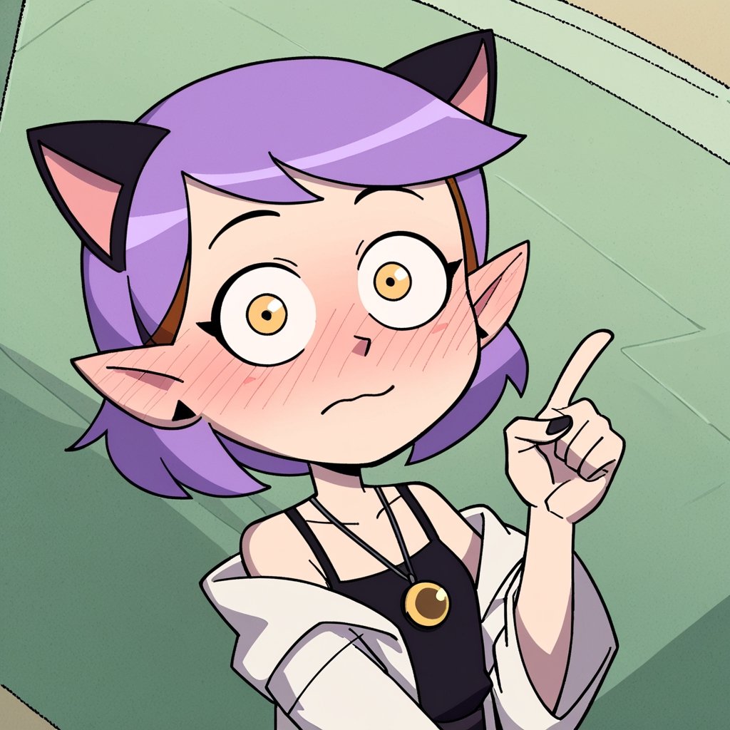 score_9, score_8_up, score_7_up, 1 teen girl, Amity Blight, short purple hair, pointy ears, ears pointing down, white oversided open trenchcoat, black shirt, darkgrey oversided pants, yellow eyes, collarbone, bare shoulders, cat ears, full face blush, wide-eyed, looking at viewer, cartoon,