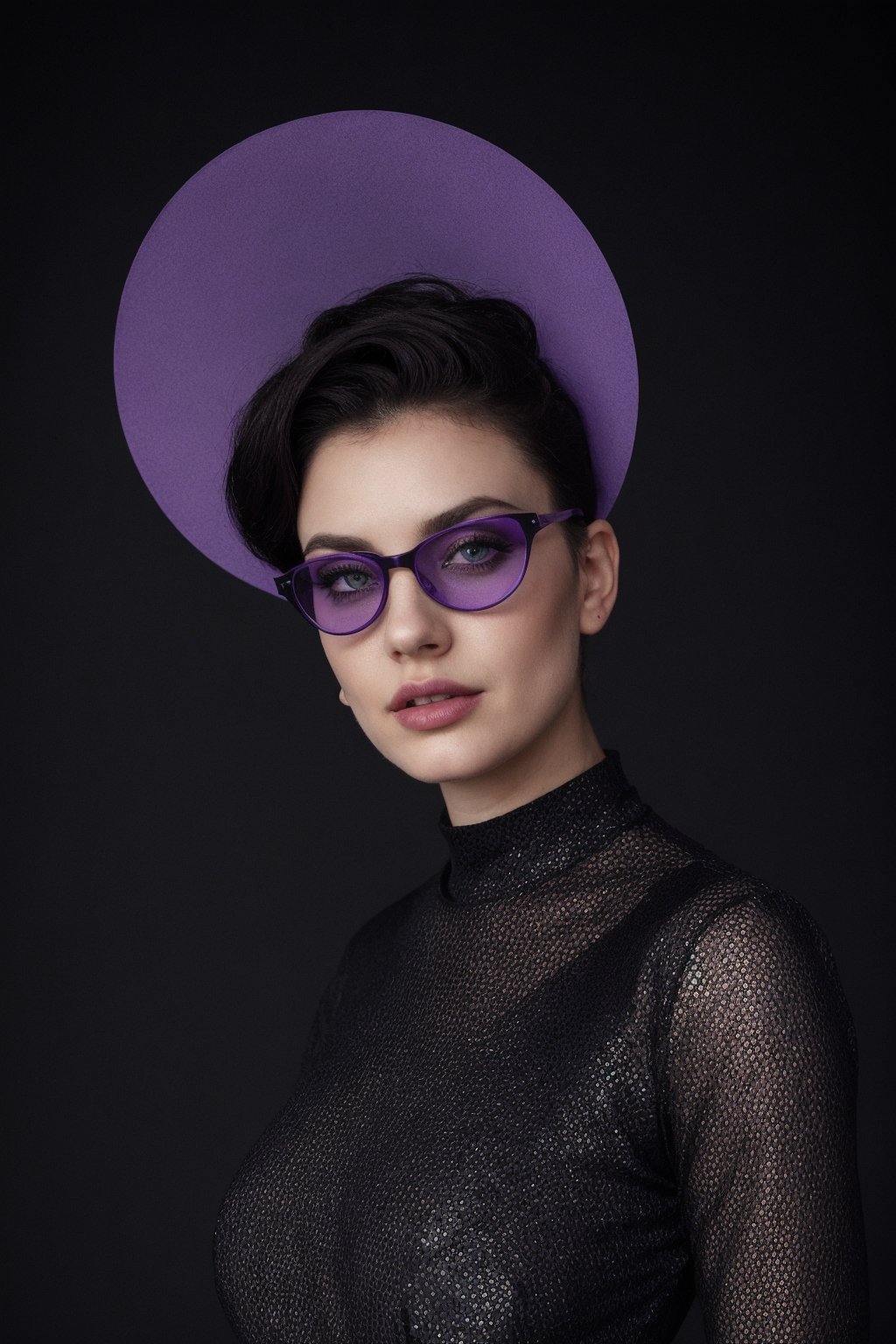 Portrait of large breasted woman in futuristic violet and black attire. Circular perforated violet halo headpiece. Round violet sunglasses, fiery eyes. Violet lips, pale skin. Black high-neck top with violet polka dots. Dark hair pulled back. Black background. Retro-futuristic aesthetic. High contrast between violet tones and deep black. Avant-garde fashion photography.