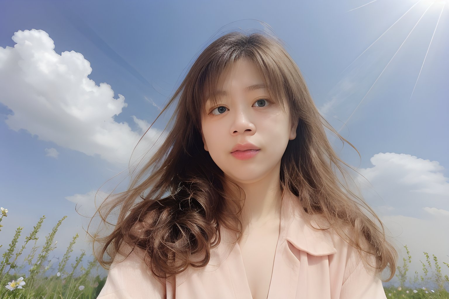 1girl, solo, long hair, brown hair, shirt, brown eyes, white shirt, flower, outdoors, sky, day, collared shirt, cloud, blurry, blue sky, lips, sunlight, white flower, realistic, sun, reaching towards viewer, field,korean,perfect light,kao6