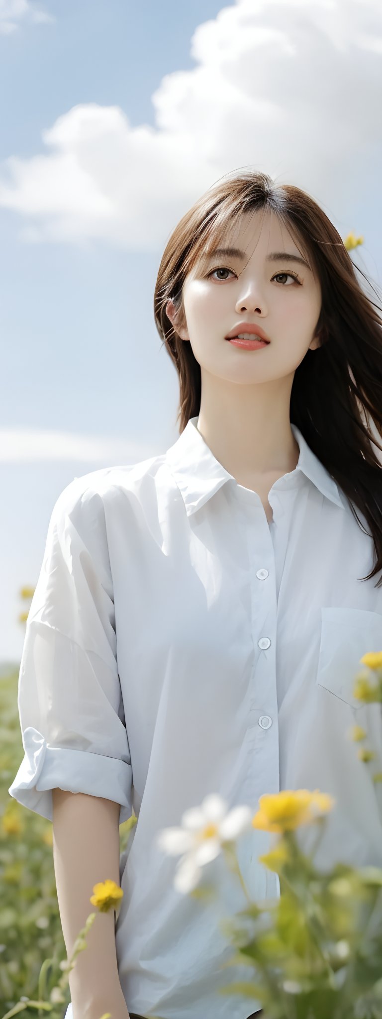 1girl, solo, long hair, brown hair, shirt, brown eyes, white shirt, flower, outdoors, sky, day, collared shirt, cloud, blurry, blue sky, lips, sunlight, white flower, realistic, sun, reaching towards viewer, field,korean,perfect light,yama