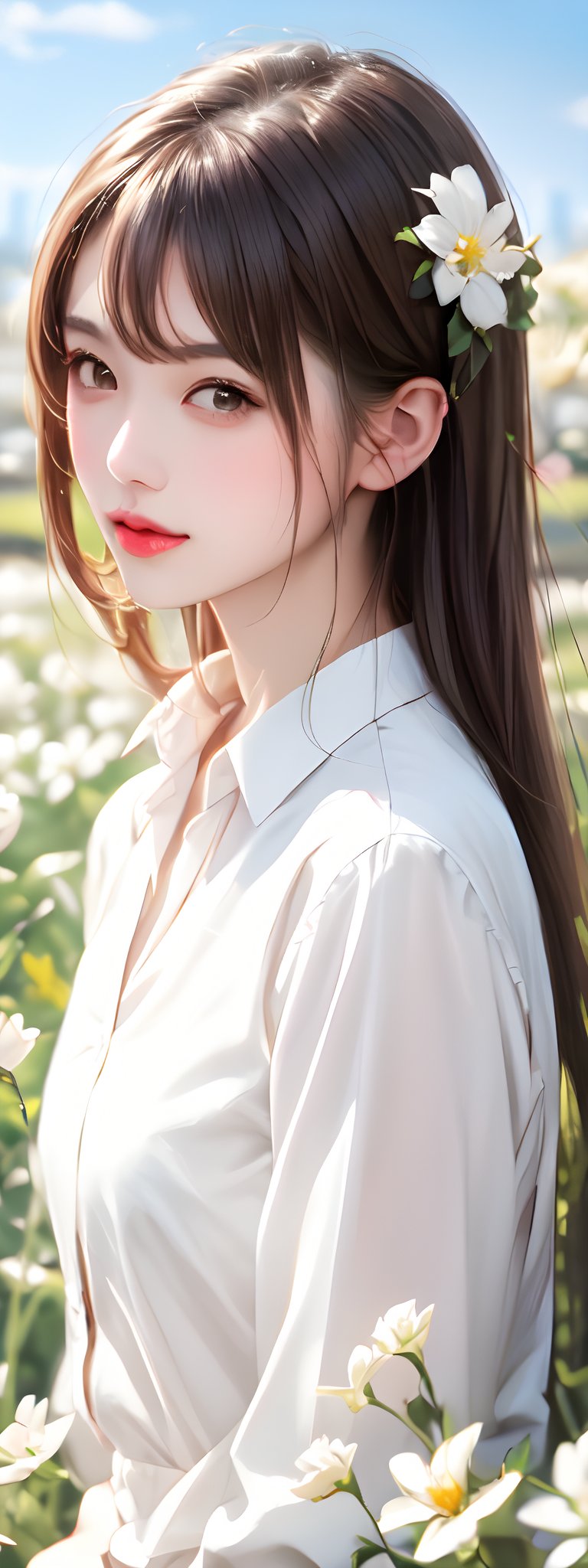 1girl, solo, long hair, brown hair, shirt, brown eyes, white shirt, flower, outdoors, sky, day, collared shirt, cloud, blurry, blue sky, lips, sunlight, white flower, realistic, sun, reaching towards viewer, field,korean,perfect light, 