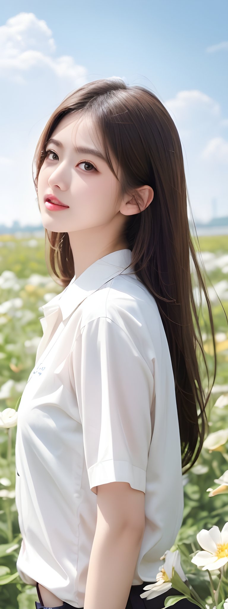 1girl, solo, long hair, brown hair, shirt, brown eyes, white shirt, flower, outdoors, sky, day, collared shirt, cloud, blurry, blue sky, lips, sunlight, white flower, realistic, sun, reaching towards viewer, field,korean,perfect light, 