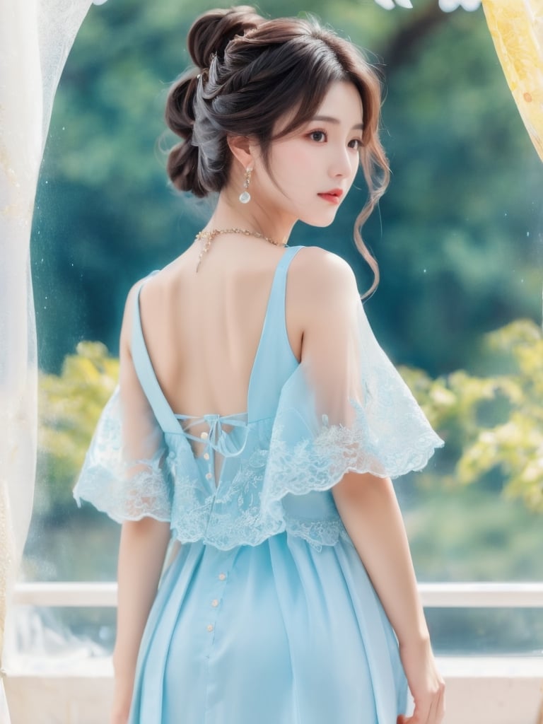 Pastel drawing of a Korean woman. She wears a necklace. She is wearing an translucent  low cut dress. mujer joven viendo la puesta del solviewed from behind 