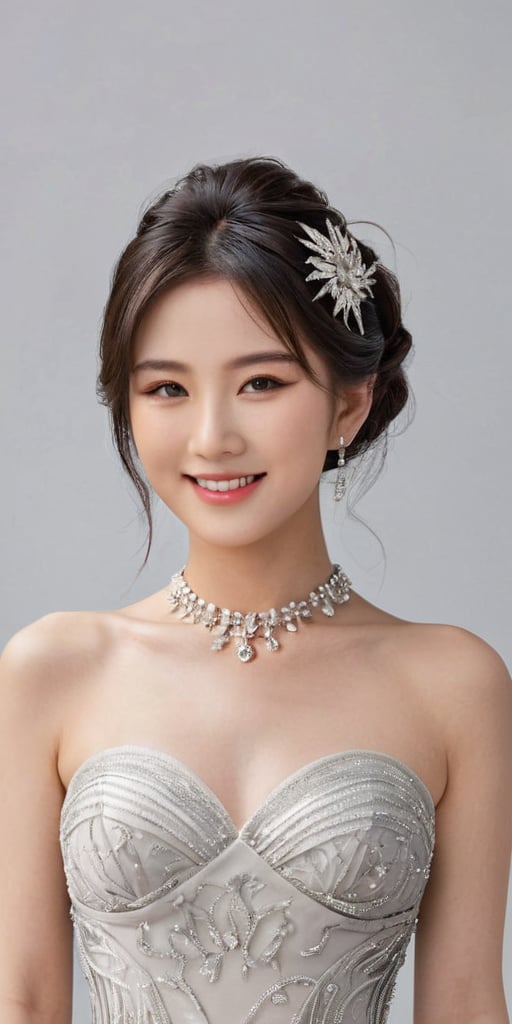 A stunning portrait of a Japanese idol with her hair styled in an elegant updo, smile, necklace, chiffon dress, showcases a mesmerizing crystal and silver entanglement above her waist. The high-definition image is a masterpiece, featuring intricate textures and hyper-quality details that leap off the page. Every delicate texture is meticulously rendered, 