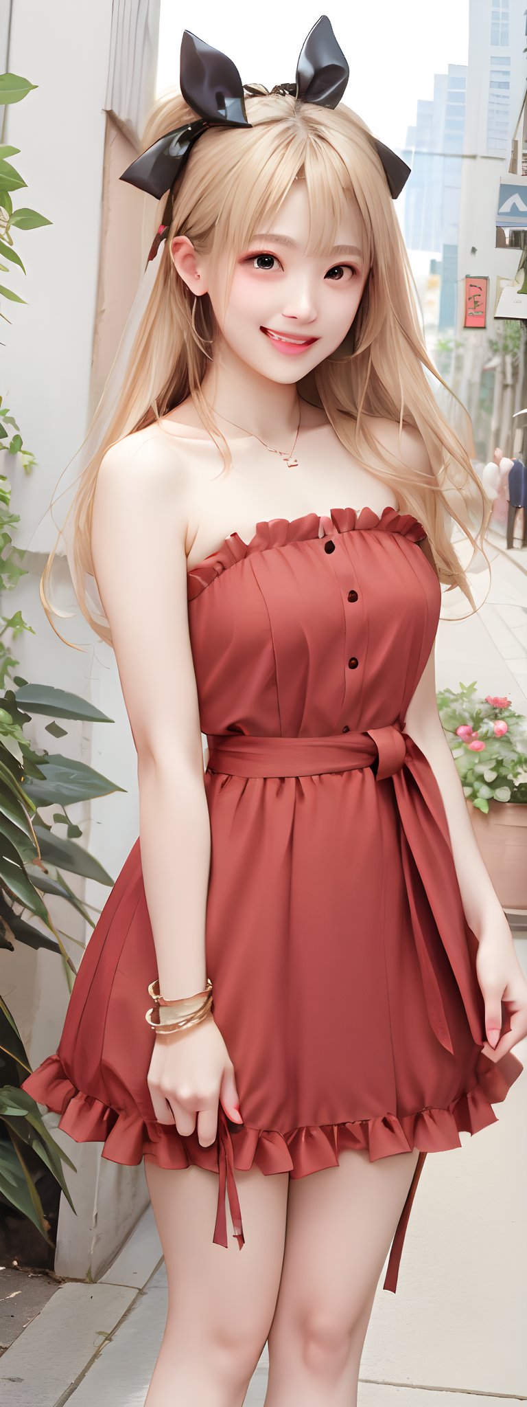 1girl,solo,grin, long blonde hair, black eyes,twin_buns,bow on head,frills, blushing, red Dress,necklace, earings,beaded bracelet, Crossbody bag:Channel, bow on waist,korean,perfect light, 