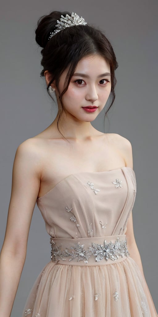 A stunning portrait of a Japanese idol with her hair styled in an elegant updo, showcases a mesmerizing crystal and silver entanglement above her waist. The high-definition image is a masterpiece, featuring intricate textures and hyper-quality details that leap off the page. Every delicate texture is meticulously rendered, 