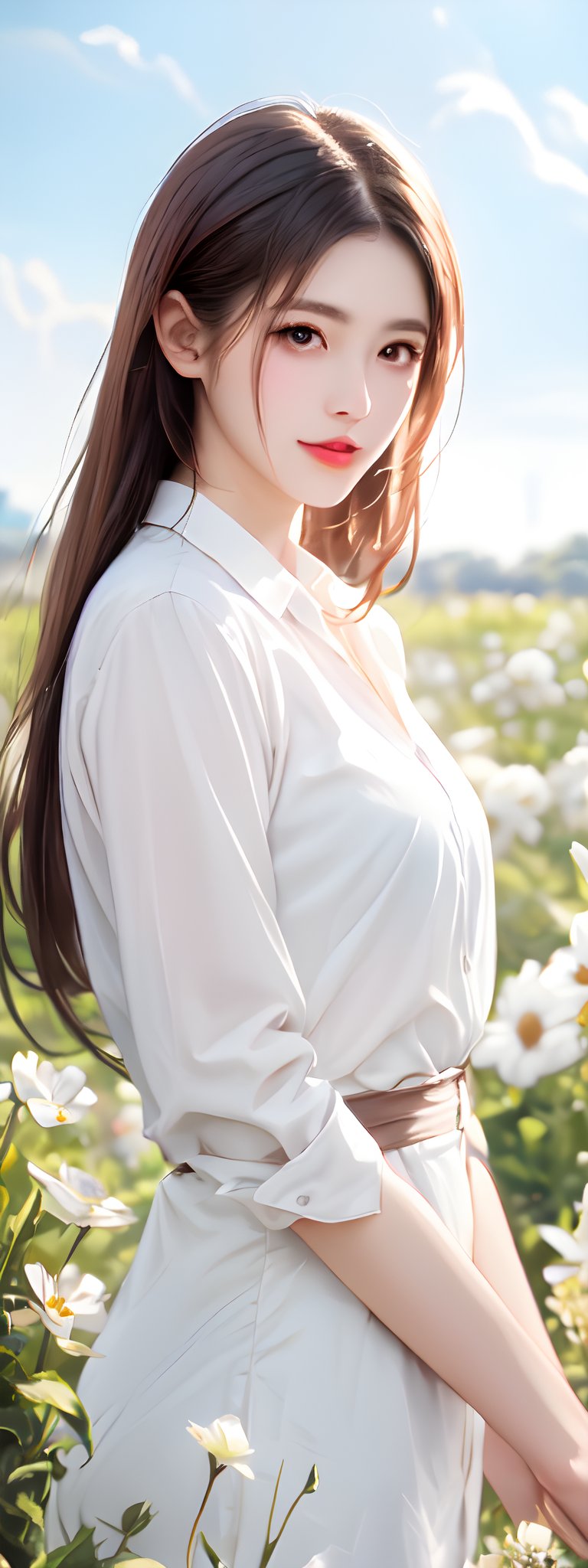 1girl, solo, long hair, brown hair, shirt, brown eyes, white shirt, flower, outdoors, sky, day, collared shirt, cloud, blurry, blue sky, lips, sunlight, white flower, realistic, sun, reaching towards viewer, field,korean,perfect light, 