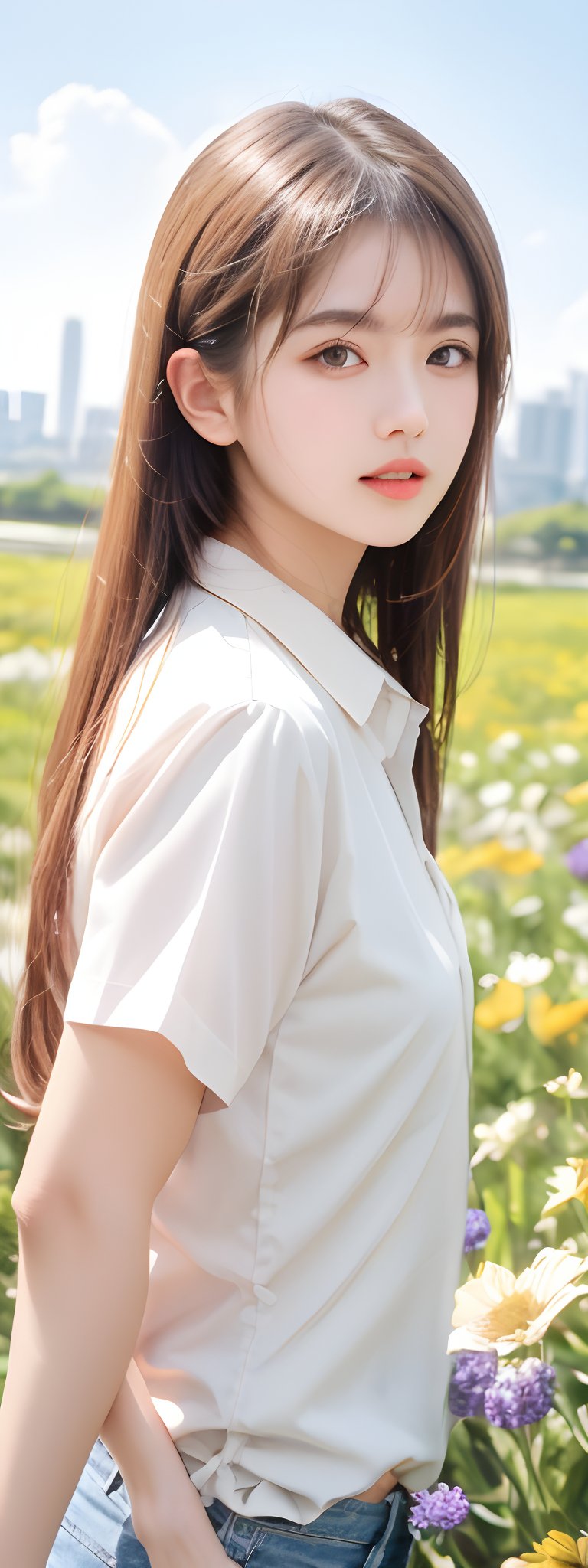 1girl, solo, long hair, brown hair, shirt, brown eyes, white shirt, flower, outdoors, sky, day, collared shirt, cloud, blurry, blue sky, lips, sunlight, white flower, realistic, sun, reaching towards viewer, field,korean,perfect light, 