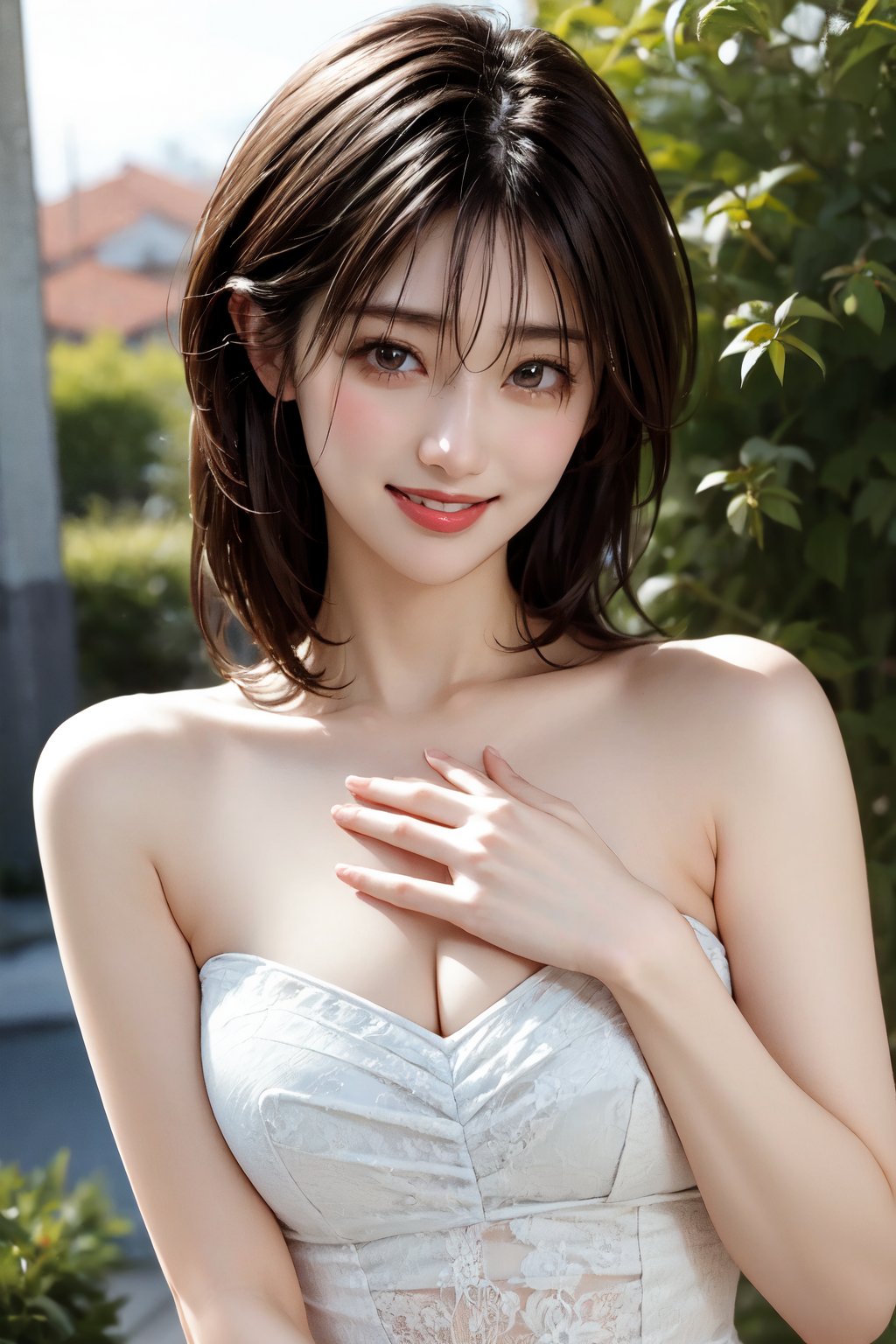 4k, best quality, masterpiece, 20yo 1girl, (lace dress, alluring smile), (Beautiful and detailed eyes), Detailed face, detailed eyes, double eyelids, thin face, real hands, muscular fit body, semi visible abs, ((short hair with long locks:1.2)), black hair, rose garden, happy smile, real person, color splash style photo, yama2