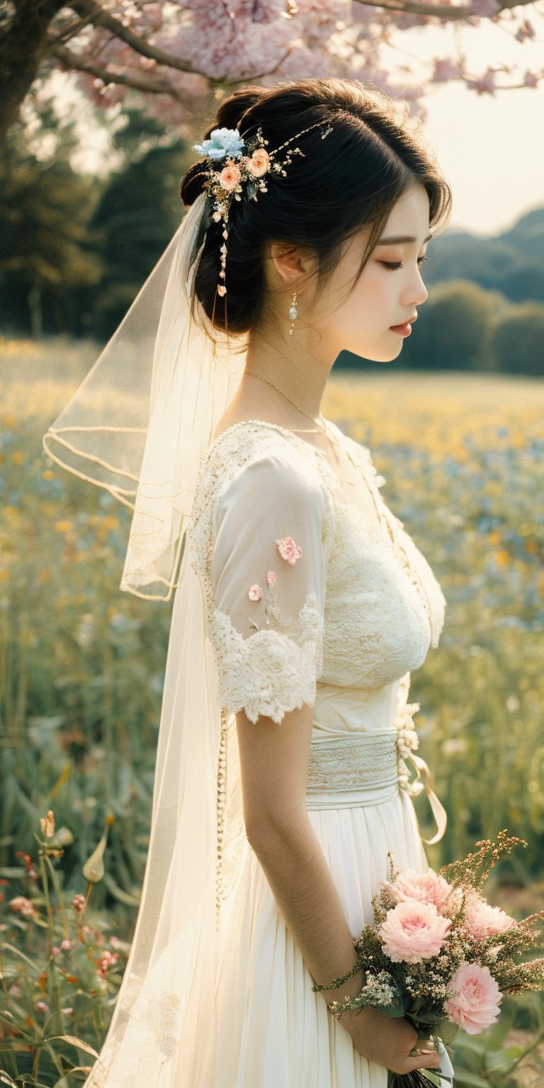 vienbb: 1.1, ((Fujifilm)), super bright scene, very bright backlighting, solo, {detailed eyes},{gradient blonde hair},{gradient blue eyes}, Cherry blossoms,large breast,flying petals,mountain,flowers meadows, detailed background, outdoors, {delicate wedding dress},transparent cloth, neck ribbon, bridal gauntlets, bridal veil, hair ornament, hair flower, bouquet,wedding band,cinematic angle,multiple views,standing natural and soft light, hair blown by the breeze, delicate facial features,full_body,angel_wings,wings,1girl,outfit-km,phlg,Detailedface