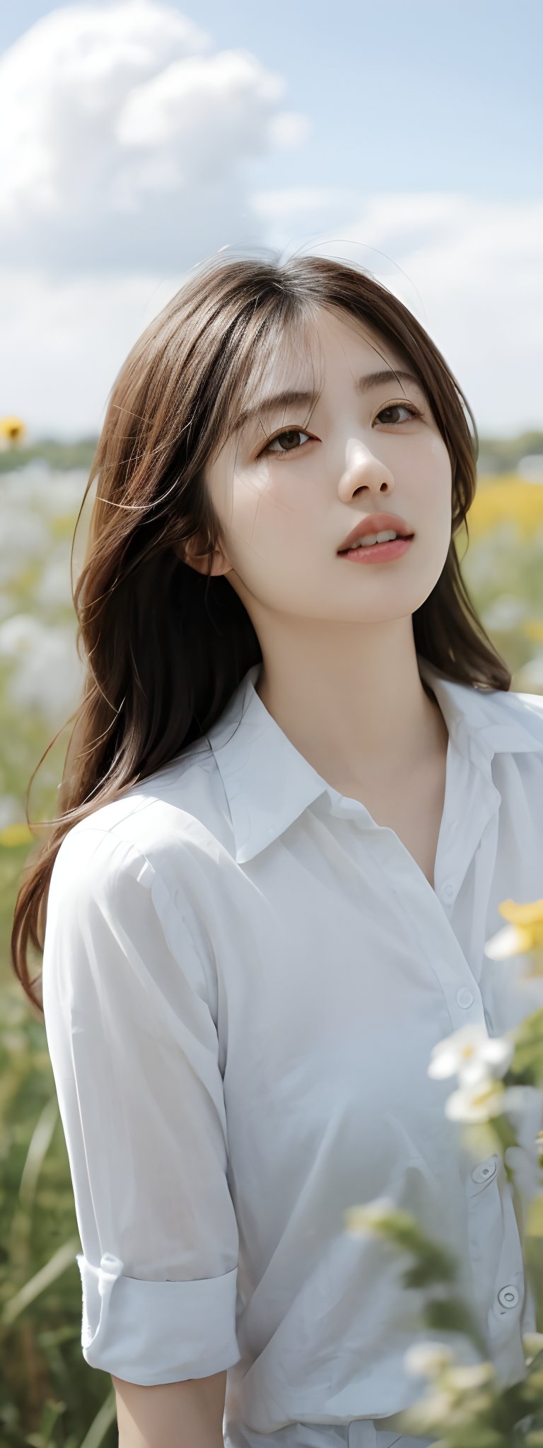 1girl, solo, long hair, brown hair, shirt, brown eyes, white shirt, flower, outdoors, sky, day, collared shirt, cloud, blurry, blue sky, lips, sunlight, white flower, realistic, sun, reaching towards viewer, field,korean,perfect light,yama