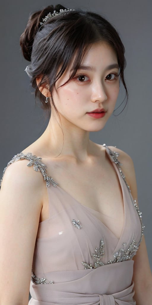 A stunning portrait of a Japanese idol with her hair styled in an elegant updo, showcases a mesmerizing crystal and silver entanglement above her waist. The high-definition image is a masterpiece, featuring intricate textures and hyper-quality details that leap off the page. Every delicate texture is meticulously rendered, 