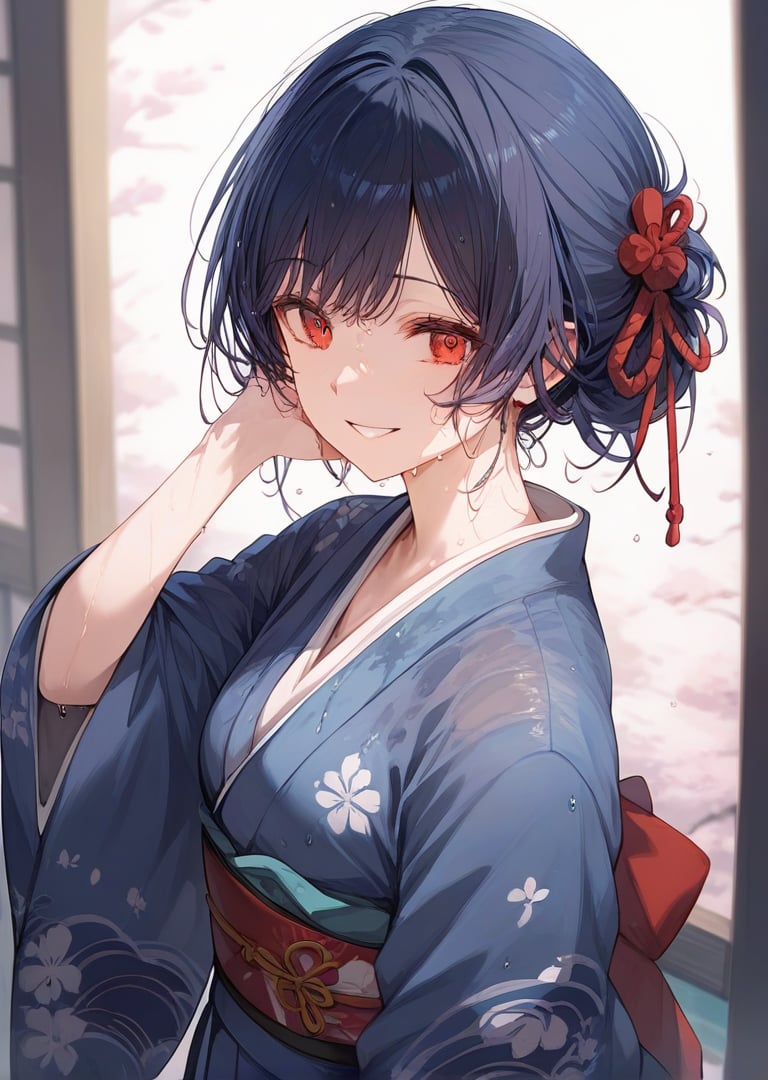 score_9, score_8_up, score_7_up, source_anime, BREAK, 1girl, high_res, looking at viewer, cowboy shot,
morinorinze01, short hair, bangs, hair bun, dark blue hair, red eyes, hair ribbon, 
japanese clothes, kimono, blue clothes, smile, wet_hair