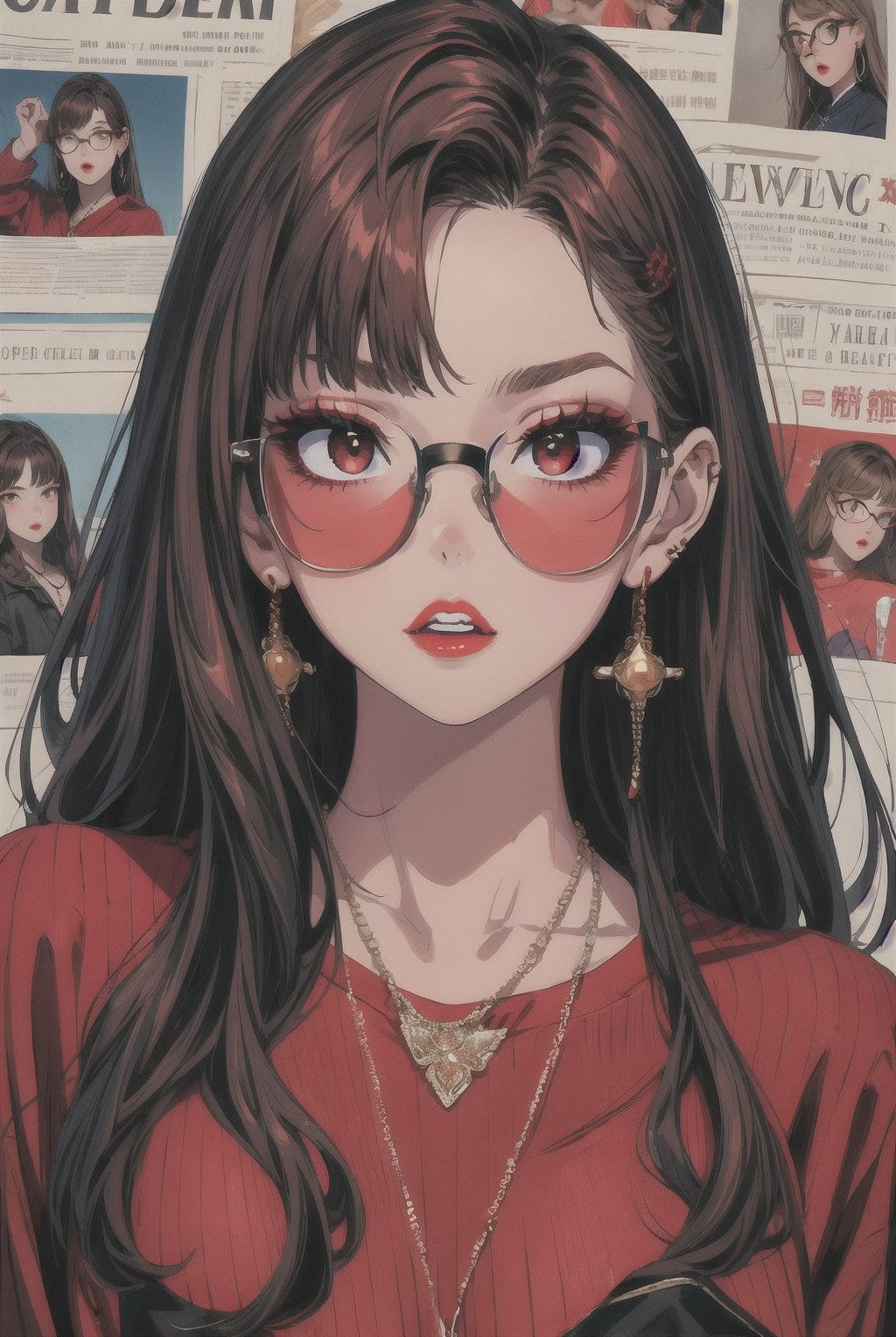 newspaper wall, glasses, parted lips, looking over eyewear,  black jacket, jewelry, long hair, jacket, red shirt, solo, upper body, brown hair, 1girl, necklace, earrings, red sweater, looking at viewer, red-tinted eyewear, sweater, red jacket, red lips ,Crazy face ,glitter,YAMATO,guweiz style