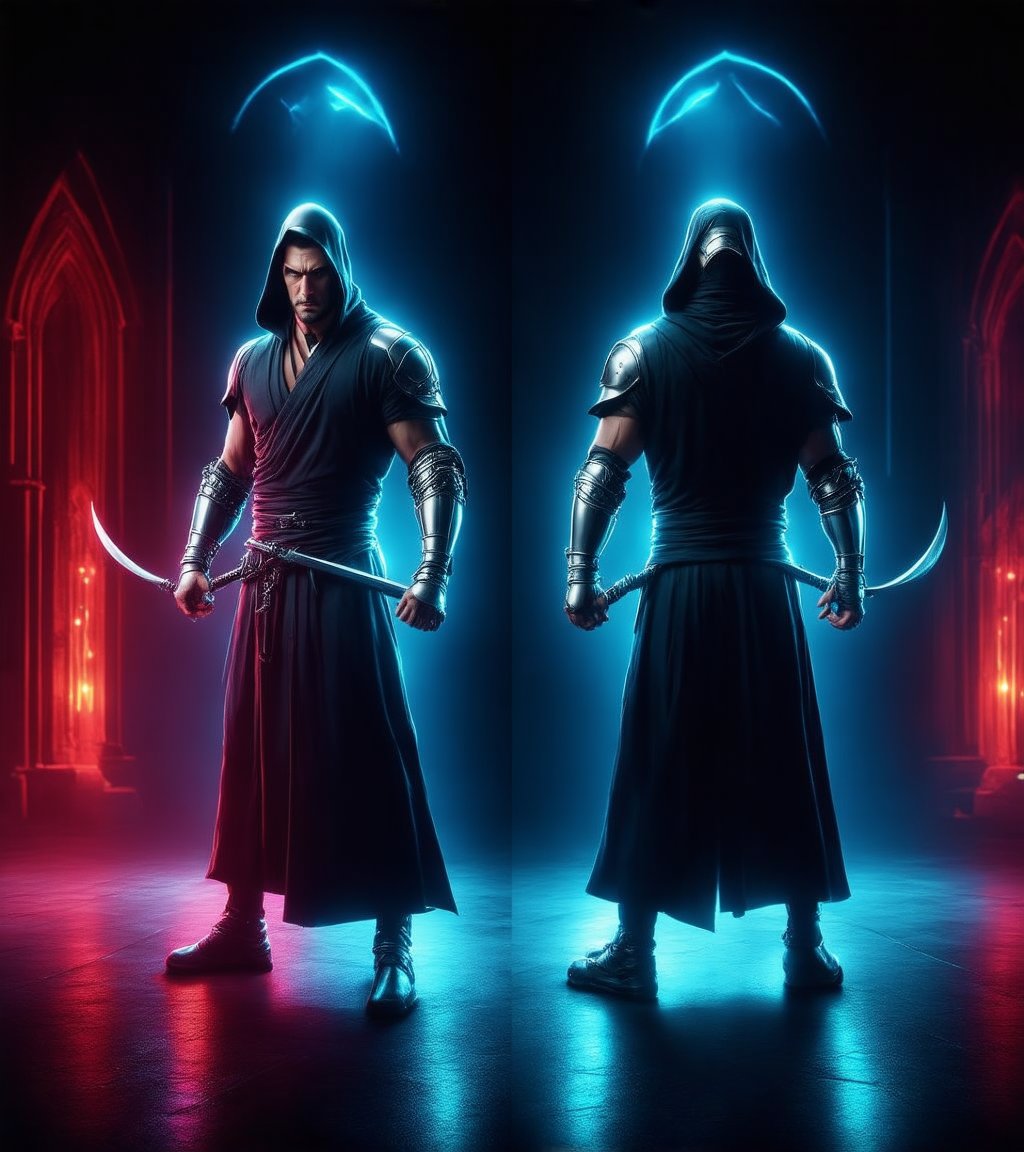  two panel side by side front view left side back view right side,

Create a realistic photo of a 30-year-old male futuristic priest and vampire hunter in a dark, atmospheric setting. He has an athletic build and is 5 foot 9 inches tall, with hands wrapped like a boxer’s, ready for combat. He wears monk-style robes with a hood, blending traditional and futuristic elements, including subtle armor plates for agile, ninja-like movement.

Use a portrait-style perspective as if captured with an 85mm lens at a wide aperture (f/1.4 - f/2.8) for a shallow depth of field, creating a dramatic background bokeh that draws focus to the subject. The lighting is soft but directional, coming from a single light source positioned at a 45-degree angle above, casting gentle shadows and enhancing his intense expression. Add subtle red or blue tones in the background lighting to evoke a gothic or mystical ambiance, with hints of vampire-themed architecture in the shadows. The overall scene should feel intense, mysterious, and cinematic, with high attention to detail and contrast.,nodf_sd3