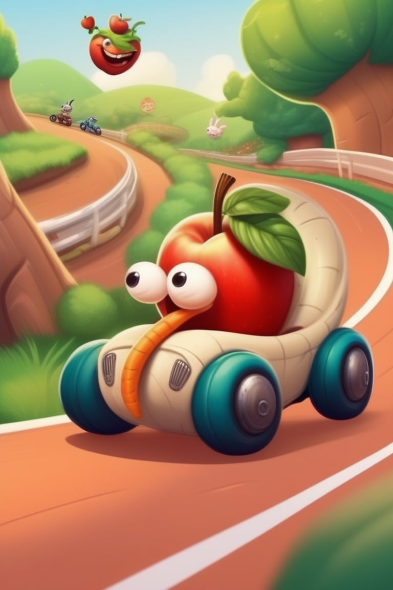  a worm with a defiant smile is riding on an apple that looks like a racing car, and is overtaking a rabbit that is riding on a carrot shaped like a motorcycle. Detail the facial expressions of the characters , the details of the vehicles and the environment of the scene, conveying the feeling of speed and competition on an exciting race track.