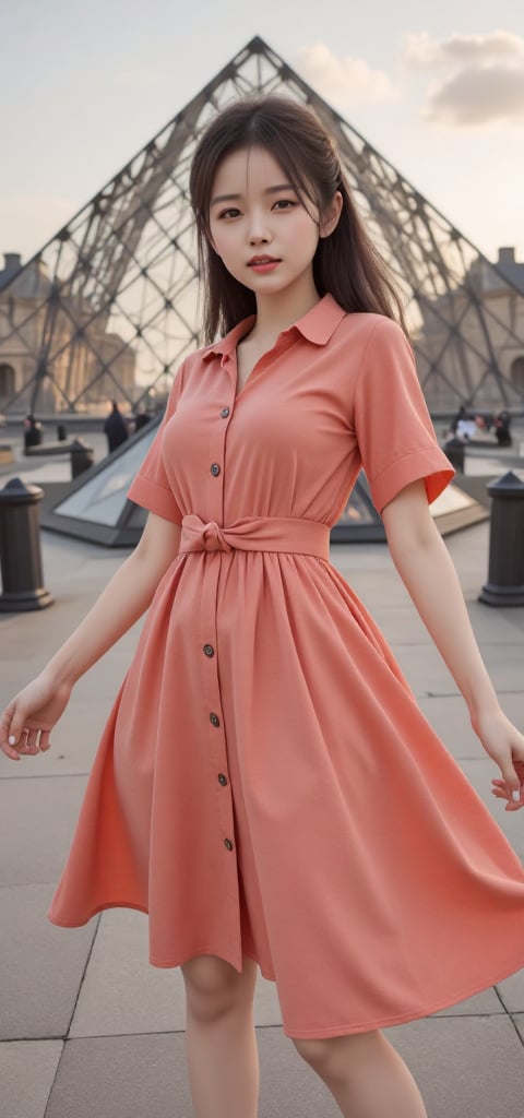 Eye-level shot on dusk time captures a young Asian woman standing confidently in front of the iconic Pyramide du Louvre. S...