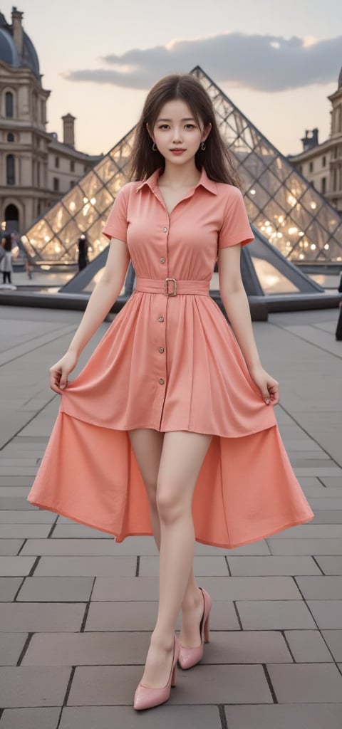 Eye-level shot on dusk time captures a young Asian woman standing confidently in front of the iconic Pyramide du Louvre. S...