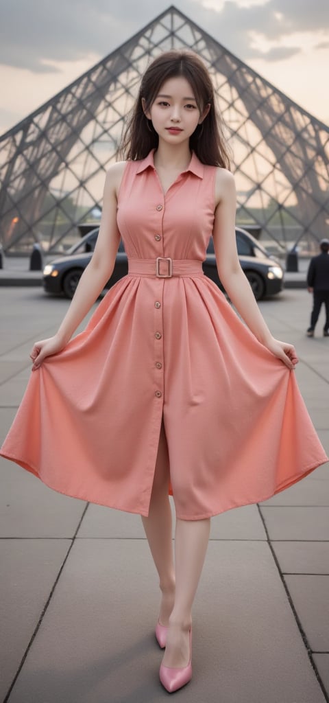 Eye-level shot on dusk time captures a young Asian woman standing confidently in front of the iconic Pyramide du Louvre. S...