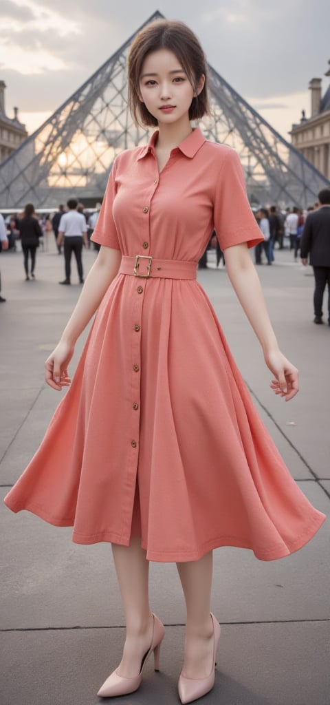 Eye-level shot on dusk time captures a young Asian woman standing confidently in front of the iconic Pyramide du Louvre. S...
