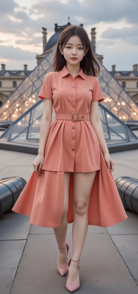 Eye-level shot on dusk time captures a young Asian woman standing confidently in front of the iconic Pyramide du Louvre. S...