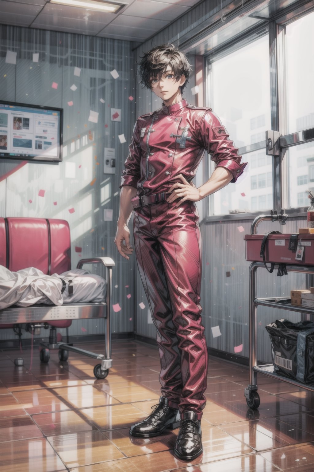 Create a man with black hair and a super suit pink leather nurse outfit, Make it a full body shot in the hospital  , 1boy, guy , male