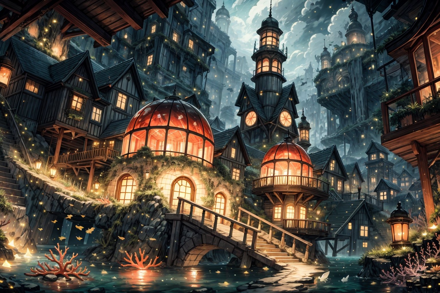 High quality, Masterpiece, Extreme Detailed, a fantasy city under the sea made with corals, bones of marine animals and marine rocks, illuminated by fish and algae of dazzling colors, houses inside air domes