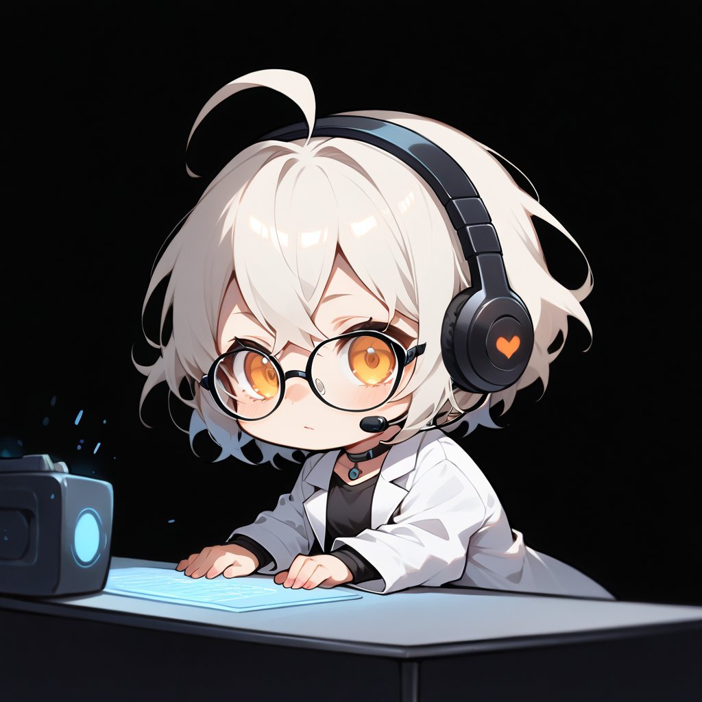 1girl, 
(lab coat, hacker,doctor, over-rim eyewear, glasses, headset, :1.3)
 Choker, ahoge ,yaeba,solo, (chibi, head only), (close-up portrait), Upper Body, (Focus on hands and body), simple background,(black background:1.3),((Chibi character:1.2)), out of frame, graw frame,on stomach,leaning_forward,(arms support on a table:1.3),
