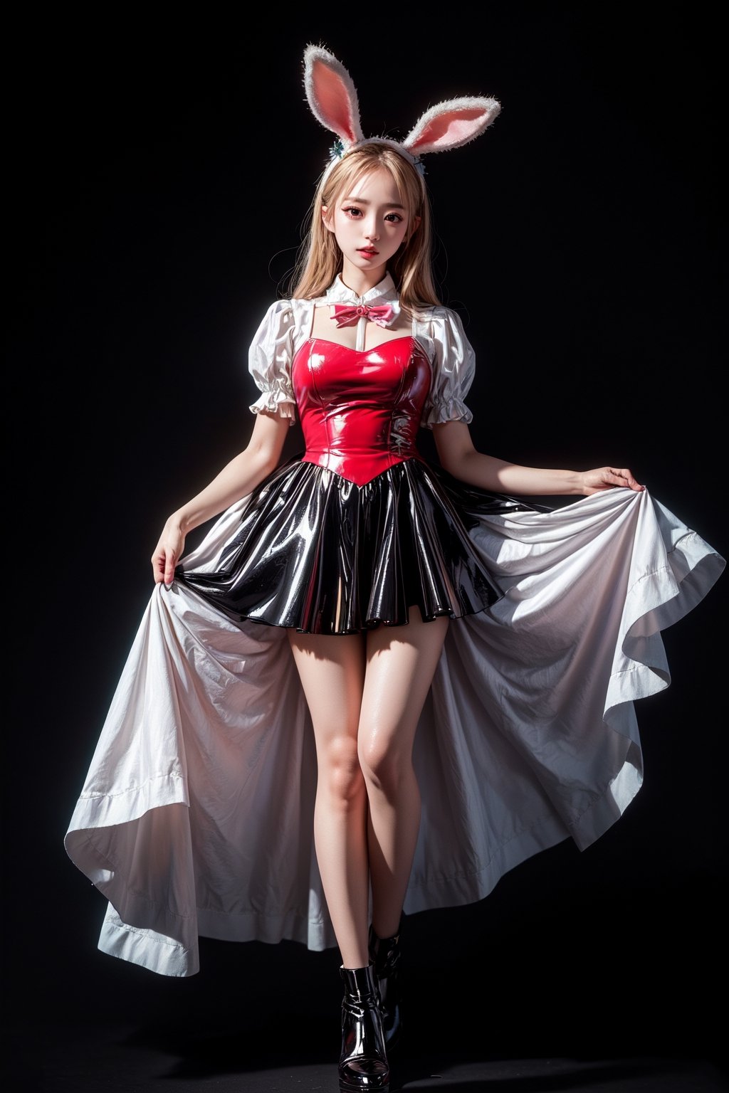 (masterpiece, high quality:1.5), (8K, HDR), 1girl, solo, full_body, Bunny Uniform, Glossy patent leather, black background, FuturEvoLab-girl, FuturEvoLab-Bunny, 