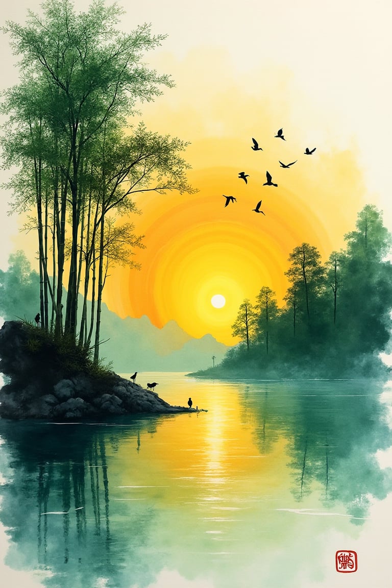 landscape painting of golden Sunset and emerald lake
birds,green bamboo tree in the style of sumi-e painting, 
traditional Japanese art ,artistic style black ink on white background wet
watercolor art,ink splashes