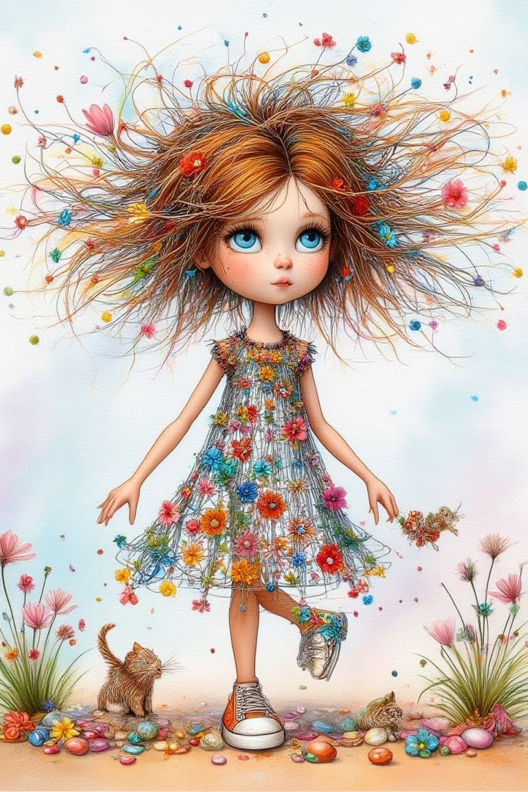 fun whimsical 3D image using wire art of a little girl, blue eyes, messy long reddish hair flowing in the breeze with small pretty flowers in it, a cute fluffy cat by her side. A pink magnolias tree and green grass.Girl wears
a very colorful midi dress made of 
with pretty flowers & beads,sneakers. She walk  on a sandy beach with
colorful pebbles, sandglass & shells. BKG
watercolor tropical tones