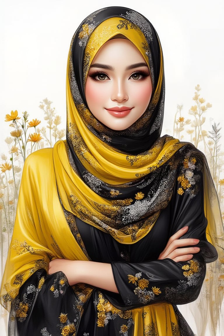 4D,  digital illustration painting,portrait of a  realistic beautiful  Malay Muslimah, elegantly draped in a variety scarf wrap with tiny floral pattern
showcasing a modern and
sophisticated design. Her attire
blends contemporary fashion in
black and bright gradient yellow
color with timeless grace,
highlighting her refined style and
presence .She smiles sweetly, revealing deep dimples, and her bright eyes radiate natural beauty.
Fine, precise lines and vivid colors enhance the lifelike, natural effect of the image.,Digital Illustration,Hijabist 