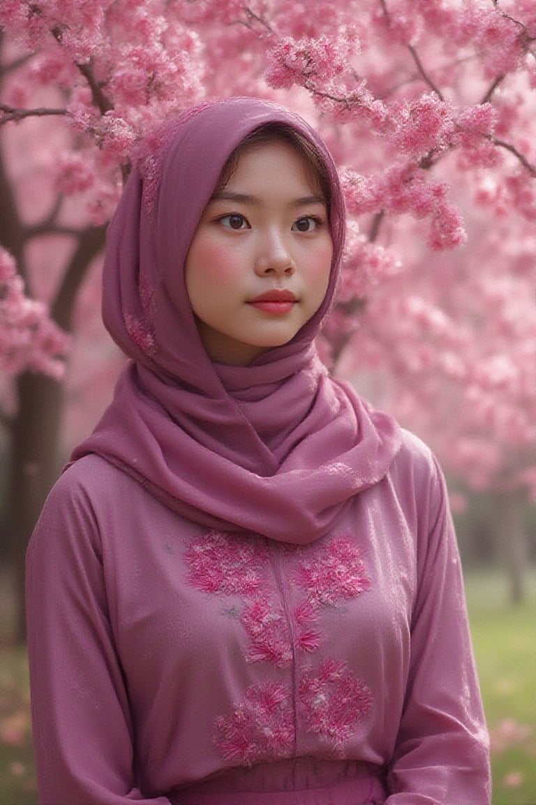 Classical Realism painting,
minimalist, adorable malay girl,she
wears head scarfs  ,modest purple colored traditional baju kebaya with floral pattern ,red cherry blossom
tree,windy,serene and calm,expression
shot,retrowave,master shot,dreamy,blurry  UHD HDR ,24K, 40s