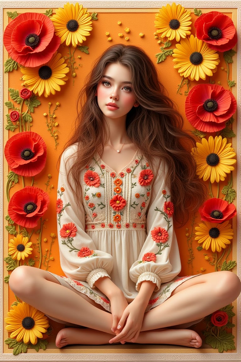 Create an image of a beautiful 3D young lady ,long wavy hair ,vuvid eyes, sweet smikes,sitting with their knees drawn up, surrounded by a variety of embossed vibrant flowers such as poppies and daisies in
rich reds, oranges, and yellows. The lady is
wearing a detailed embroidered top with floral
patterns. The background should have an
embossed effect to give depth and texture,
resembling an ornate wall. Include a beige
border around the image that complements
the overall warm color scheme.,Embossed 