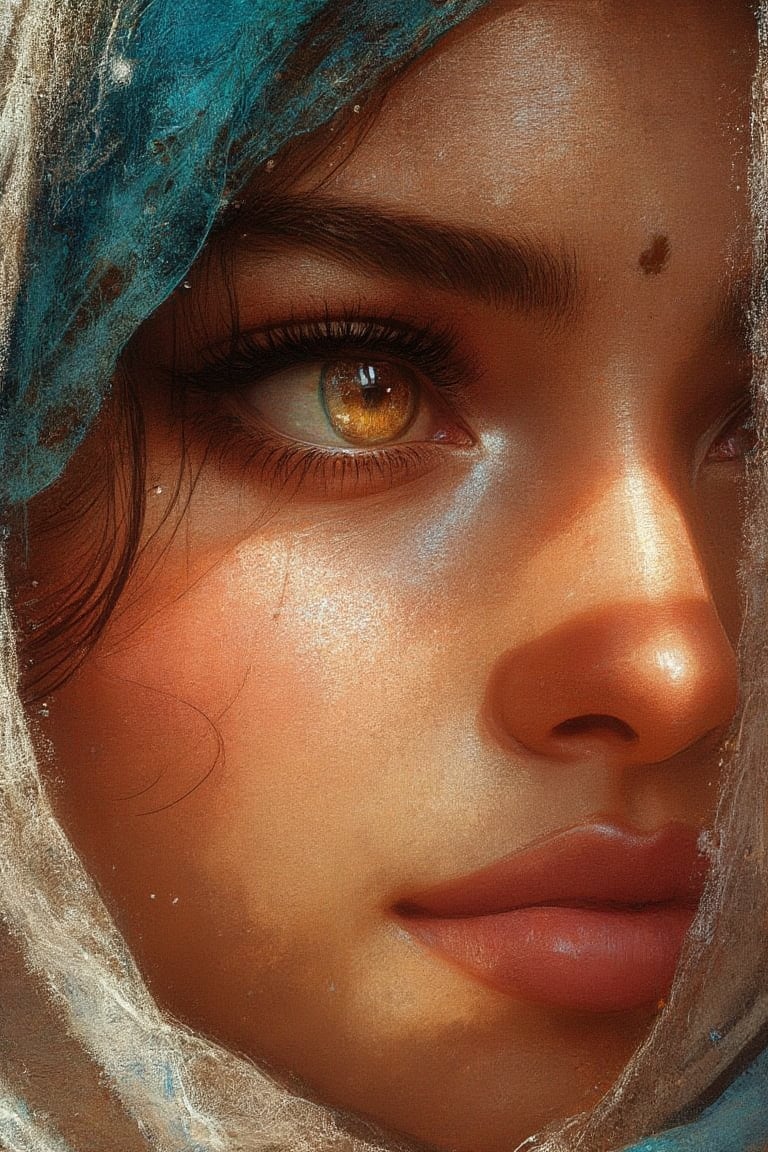 A close up painting of an eye, of Kajol,
with brown eyes, a veil over her head,
a beautiful fantasy art portrait
gorgeous sunlight and shadows, wide
lips, insane eyes, a gir| in love; matte
painting, gouache colors, hyper-
realistic, figurative art, chromatic
fusion.