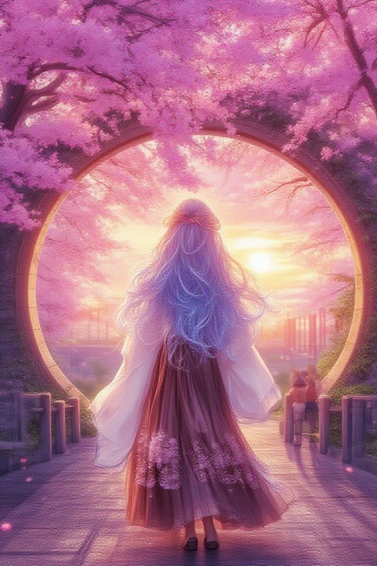 Rev animated ,18K , UHD,anime art of a girl in a moe art style,long blue hair, darker shades
of blue,pink,purple and golden color-as-the background, attire in white white and brown skirt, the style of Japanese school costume
with detailed pattern, standing before a circular gate that frames the setting sun.I\nhappy expression,enjoying photorealistic
sakura blossoms,Include elements of romance, variety color tone on every object to create the difference,Digital Illustration,Sportkiko