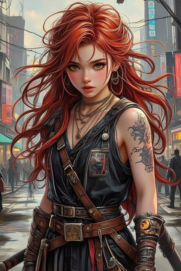 close up image,abstract fine,cross-
hatch,anime style a girl,long way wind-
blown red hair holding a sword in an
urban scene, in the style of anime-
inspired character designs, cyberpunk
realism with glowing tattoos on her arms
resembling circuit patterns and a
determined and fierce expression with
battle-worn clothing,Anime Niji 6.KIKO,SKETCH.KIKO,Hyperrealism &Surrealism 