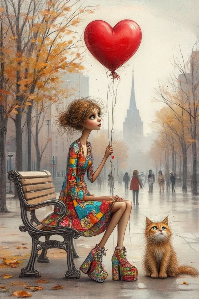 Whimsical illustration of a pretty girl, she is very skinny and tall with long legs and arms, wearing a brightly patchwork red and blue colored dress and platform shoes,
 sitting on a bench, holding a red love shaped ballon, besides her sitting on the bench there is a fluffy Garfield cat very curious to the ballon with a surprised
look , the background is a city park
in autumn time, oil painting, soft textured brushstrokes, 
very muted colors,uhd,Whimsical Kiko,Digital Illustration,