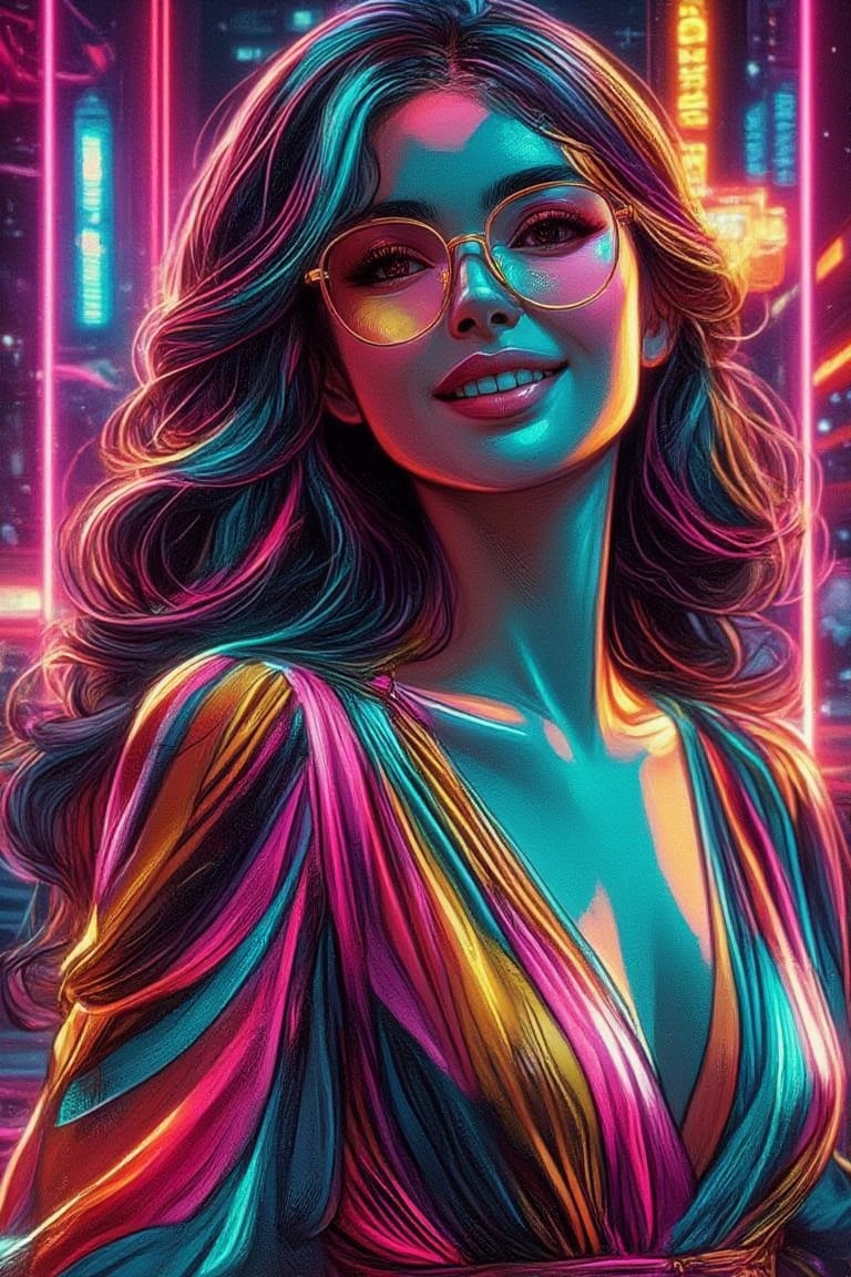 hyper-stylized ,digital illustration painting
of a young woman wearing modest loose
dress,heels,dynamic pose.She has long
wavy black hair, pale skin and soft make
up sweet smile. The artwork should
feature a neon-infused color palette with
bold gradients of electric pink,red cyan,
purple, and gold. The woman's face should
be semi-realistic with smooth, clean lines,
exaggerated features, and reflective
shades or glasses that catch the
surrounding colors. Use bright, contrasting
highlights to emphasize her expression,
blending pop art and vaporwave
aesthetics. The dress should flow
with dynamic, sweeping shapes, and the
background should remain minimal,
keeping the focus on the subject's
glowing, vibrant presence. The style
should evoke a mix of digital airbrush and
vector art, with a sleek and polished finish,Digital Illustration,NeonColor,PopArtKiko