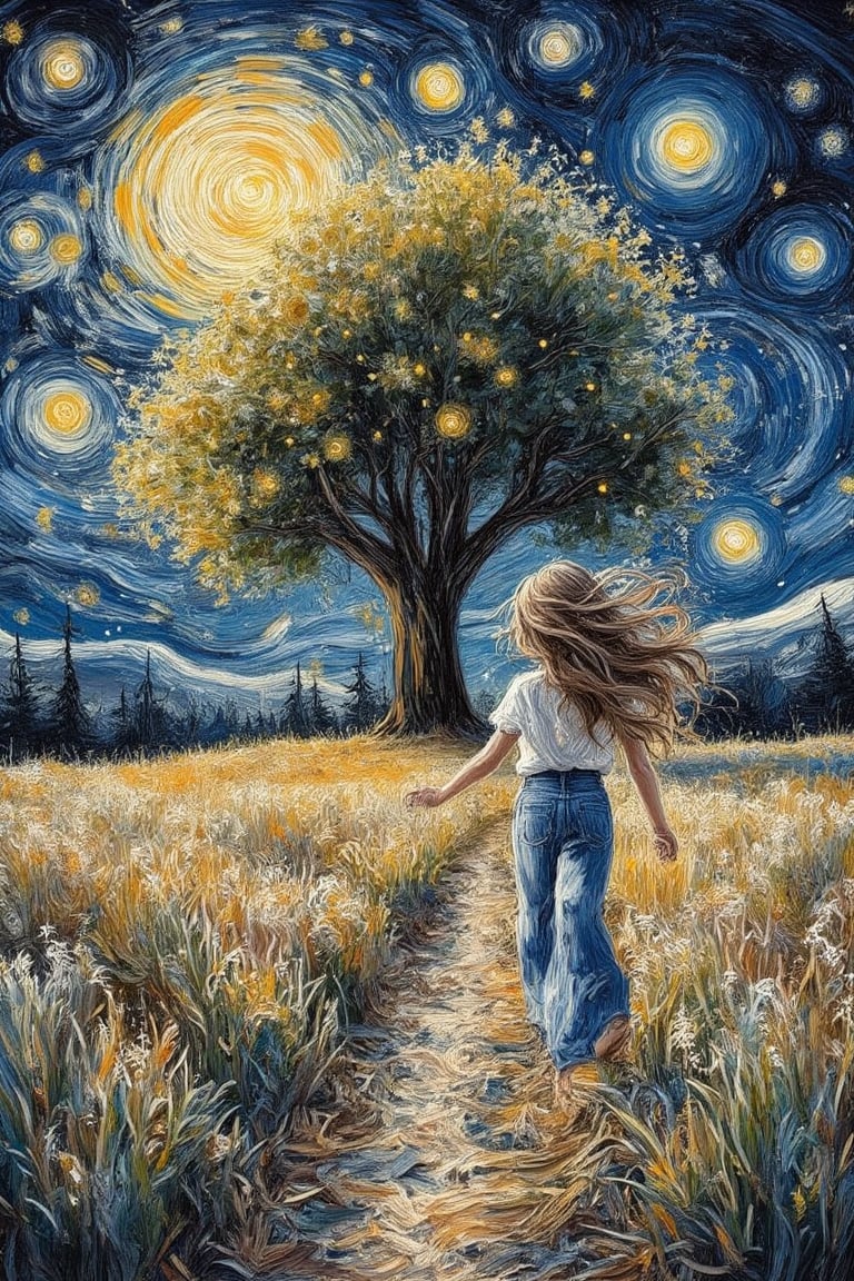 Wet on wet watercolor painting on dried canvas,a young girl,long wavy hair, casual outfit,running in a field of pampas tree, starry night sky, oil painting thick textured brushstrokes and palette
knife, post impressionism, in the style of Van Gogh,VanGogh,WatercolorWash 