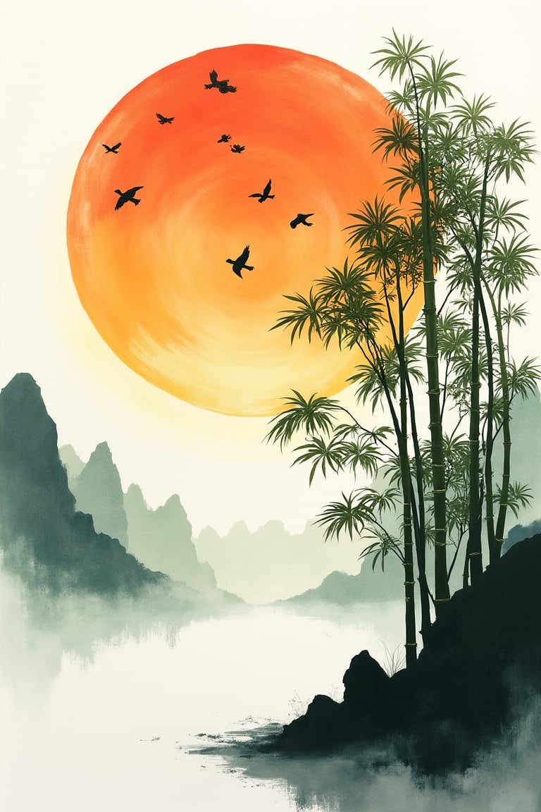 landscape painting of Sunset and
birds,green bamboo tree in the style of sumi-e painting, 
traditional Japanese art ,artistic style black ink on white background wet
watercolor art,ink splashes