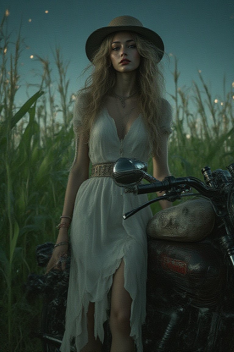 A photo fantasy art illustration image of a female gaunt ghost biker wearing old white dress ,leaning against a Harley Davidson ,front view,  holding The 
A mike. background has countryside scenery with green corn trees with night hour ,UHD,HDR,24K, 40s 