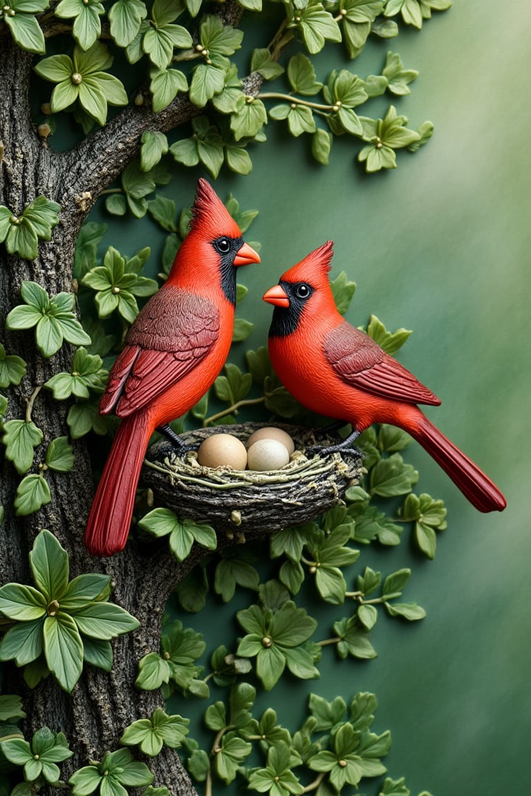 Embossed 3D on ceramic porcelain, a pair of cardinal birds perched on a tree branch with its nest nestled among the green leaves, intricate details.bg green forest should have an
embossed effect to give depth and texture,
resembling an ornate wall complements
the overall warm color scheme.

