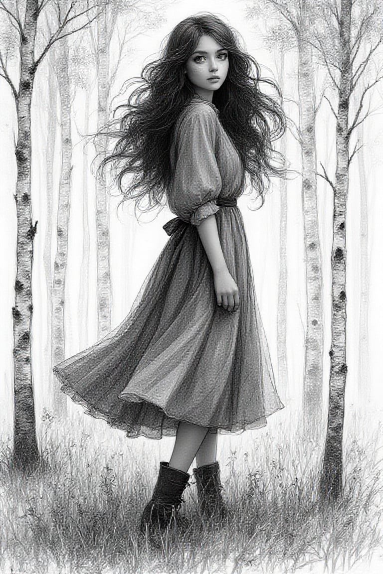 Black charcoal sketch ,4D, beautiful girl,black
long wavy hair, vivid round eyes,modest
dress,boots, standing on a green meadow,
off centre position,looking atvthe camera
dynamic pose ,birch trees , contemplation
stunning in black and white,SKETCH.KIKO