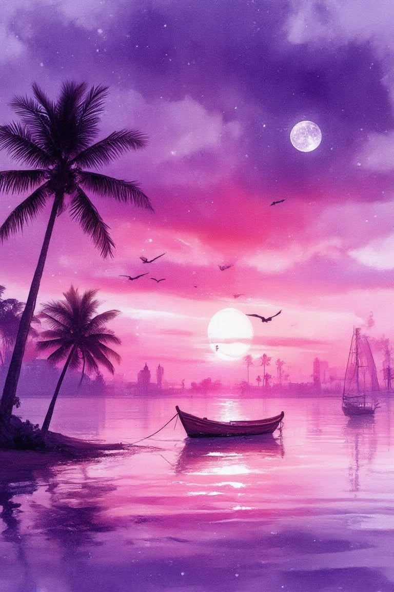 A serene sunset scene with a vibrant purple and pink sky. Include the silhouette
of two palm trees on the left side, bending slightly towards each other. In the middle distance, place a small traditional boat floating on calm waters, reflecting the
silhouettes of the trees and itself. Add some birds flying in the distance against the sky, and incorporate a subtle white
moon hanging low in the sky.,Digital Illustration,Watercolor Kiko,WatercolorWash 