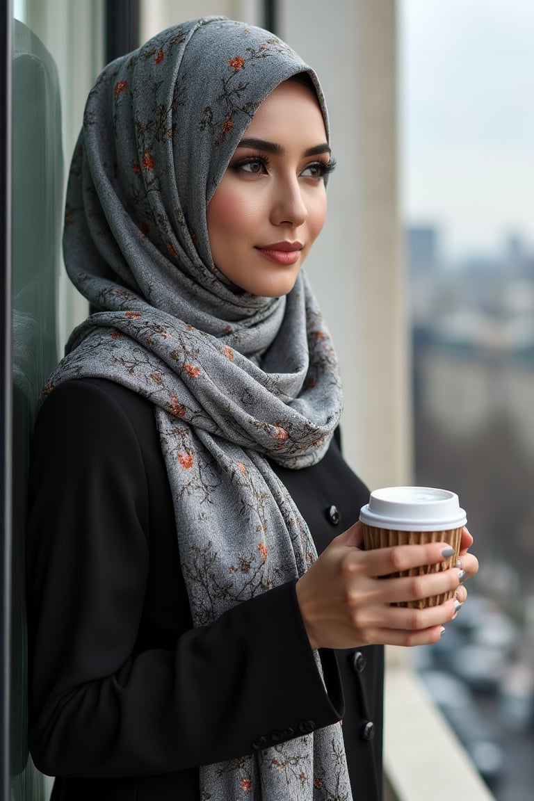 a realistic stunning Malay Muslimah, elegantly draped in a variety scarf wrap with tiny floral pattern showcasing a
modern and sophisticated design. She wear a corporate attire ,charismatic and elegant in style ,in black and grey color with timeless grace, highlighting her refined style and presence,holding a cup of warm coffee , leaning on transparent glass wall ,overlooking the Paris citycentre  ,
natural lighting,UHD


