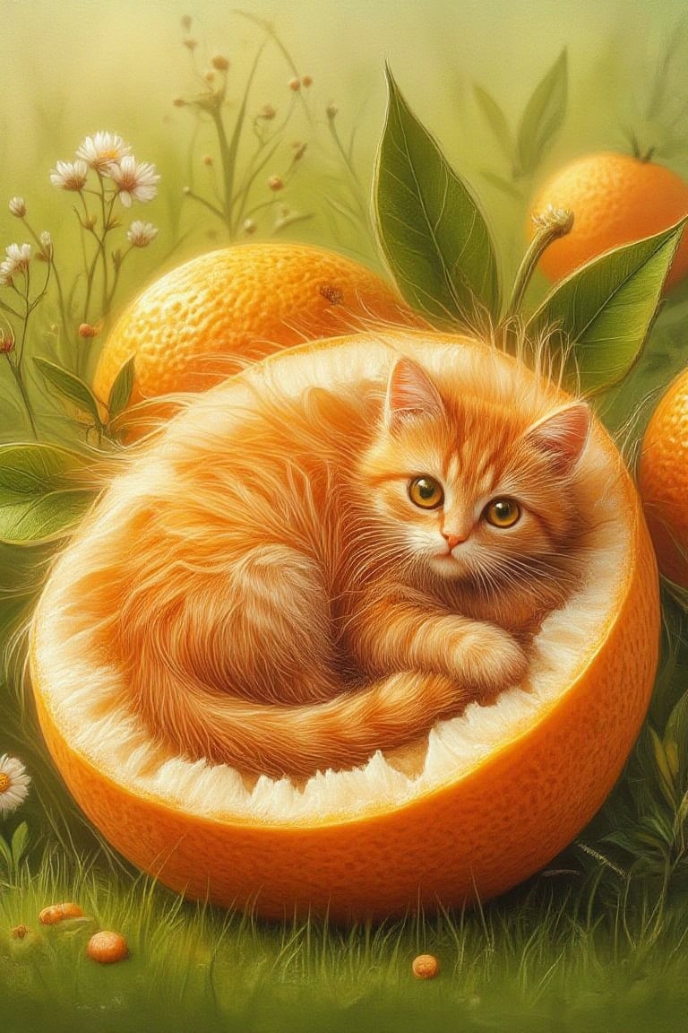 Whimsical, a fluffy ginger cat made of the skin of orange .It curled on a bed  made of orange, hyper realistic, bg green grass.Orange.Kiko,Digital Illustration,Whimsical Kiko,