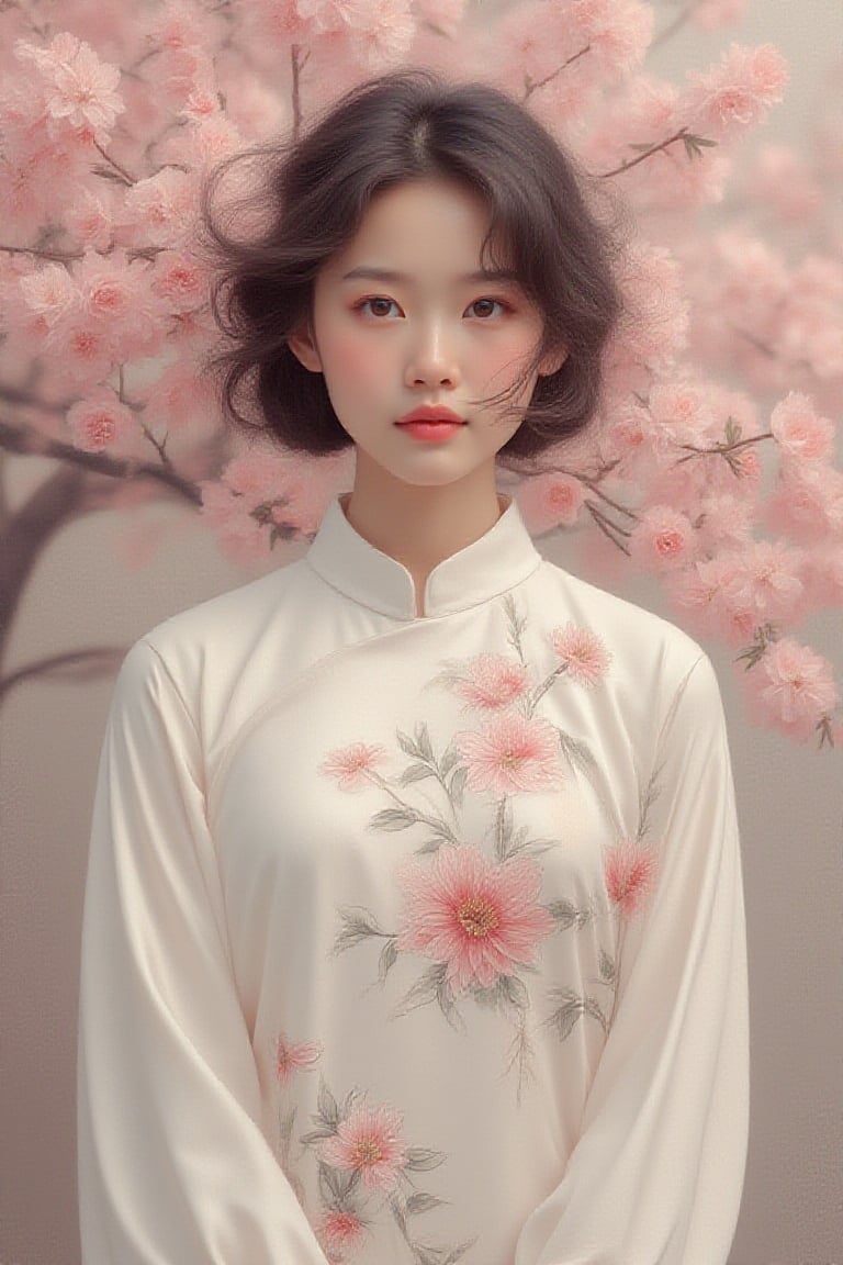 Classical Realism painting,
minimalist, adorable malay girl,she
wears modest  white traditional baju kebaya with floral pattern ,cherry blossom
tree,windy,serene and calm,expression
shot,retrowave,master shot,dreamy,blurry  UHD HDR ,24K, 40s