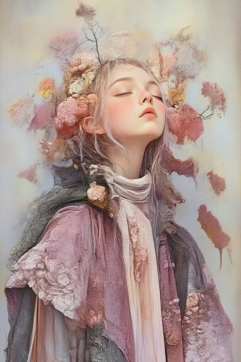 Oil Painting on canvas, Portrait of an ethereal woman with porcelain skin, her eyes closed in peaceful serenity, hair transforming into delicate  blooming with flowers, roses, daisies, and blossoms in soft pink, yellow, and white. She wears an elegant dark purple brocade jacket intricately embroidered with floral designs.Dreamlike and surreal, with a soft blue background, evoking tranquility and a deep connection to nature, hyper-detailed, soft lighting and graceful atmosphere, floral surrealism, hyperrealistic, cinematic style, highly detailed embroidery, muted pastel colors, harmonious composition.,Hyperrealism &Surrealism,Oil In Canvas.Kiko,Hyperrealism &Surrealism,